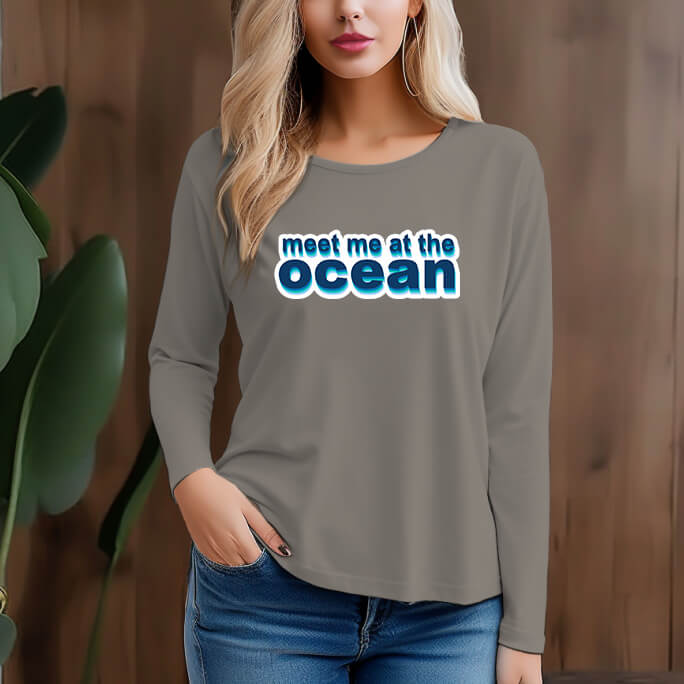 Women's 300g 100% Cotton Ocean Design Long Sleeve T-Shirt - AIGC-DTG