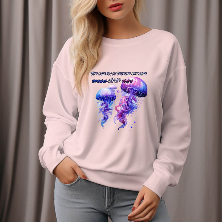 Women's Deep Sea Jellyfish Pattern Crew Neck Pullover Cozy Clothes - AIGC-DTG