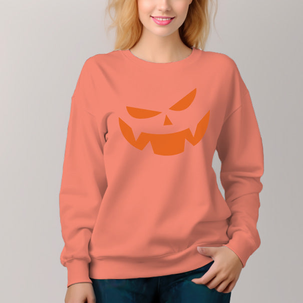 Women's Crew Neck Pullover Cozy Clothes Autumn Winter-Pumpkin Face Pattern - AIGC-DTG