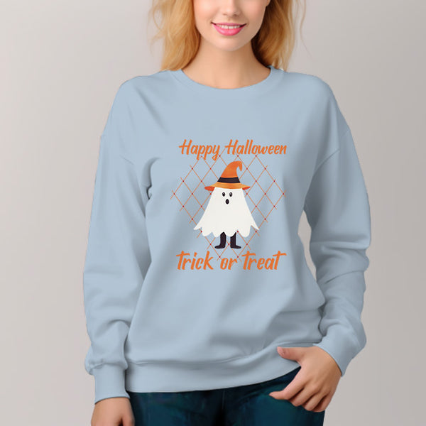 Women's Solid Color Crew Neck Pullover Sweatshirt Happy Halloween Graphic - AIGC-DTG