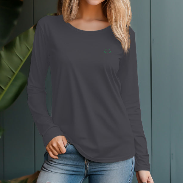 Women's 230g 100% Cotton Smiley Graphic Design Long Sleeve T-Shirt - AIGC-DTG