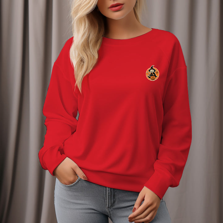 Women's Little Witch Pattern Crew Neck Pullover Cozy Clothes Autumn Winter - AIGC-DTG