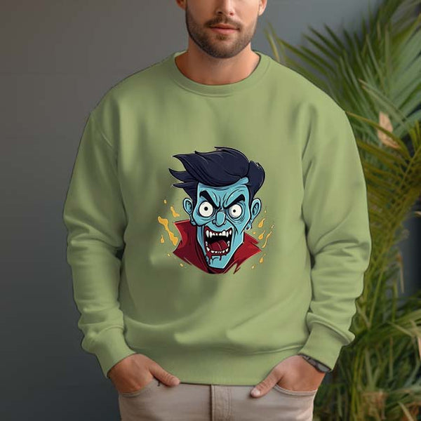 Men's 100% Cotton Crew Neck Pullover Sweatshirt - Vampire Head - AIGC-DTG
