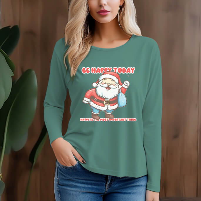 Women's 300g 100% Cotton Santa Claus Pattern Long Sleeve T-Shirt - AIGC-DTG