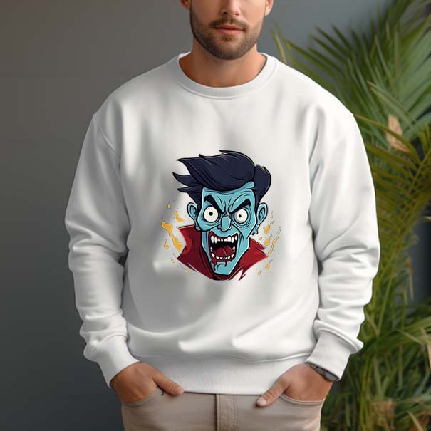 Men's 100% Cotton Crew Neck Pullover Sweatshirt - Vampire Head - AIGC-DTG