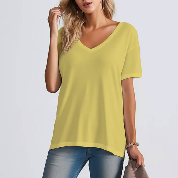 Women's Summer Solid V-Neck Short Sleeve T-Shirt in 16 Colors - AIGC-DTG