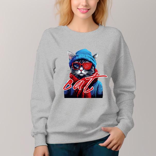 Women's  Crew Neck Pullover Cozy Clothes Autumn Winter-Cool Cat Print - AIGC-DTG