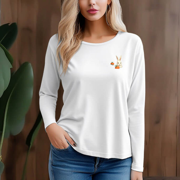 Women's 300g 100% Cotton Rabbit Pattern  Long Sleeve T-Shirt - AIGC-DTG