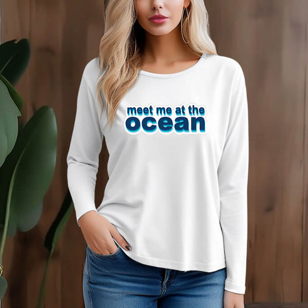 Women's 300g 100% Cotton Ocean Design Long Sleeve T-Shirt - AIGC-DTG