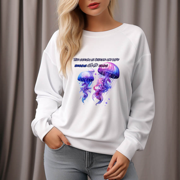 Women's Deep Sea Jellyfish Pattern Crew Neck Pullover Cozy Clothes - AIGC-DTG