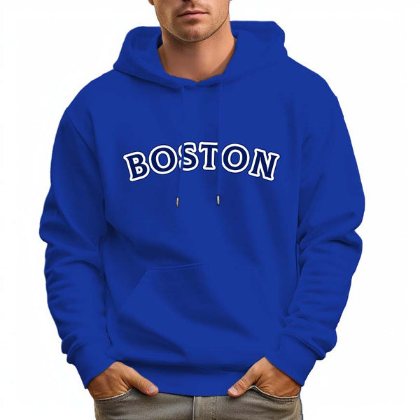 Men's 100% Cotton Blue BOSTON Hoodie 330g Thick Pocket Hood - AIGC-DTG