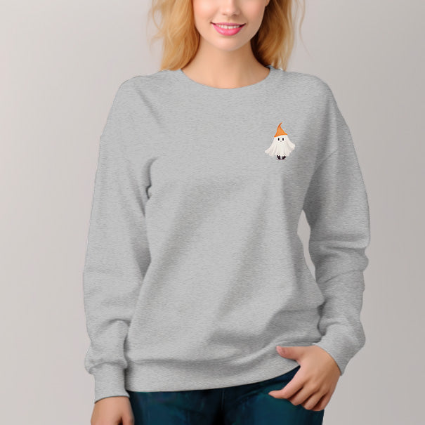 Women's Solid Color Crew Neck Pullover Sweatshirt Halloween Spooky Pattern - AIGC-DTG
