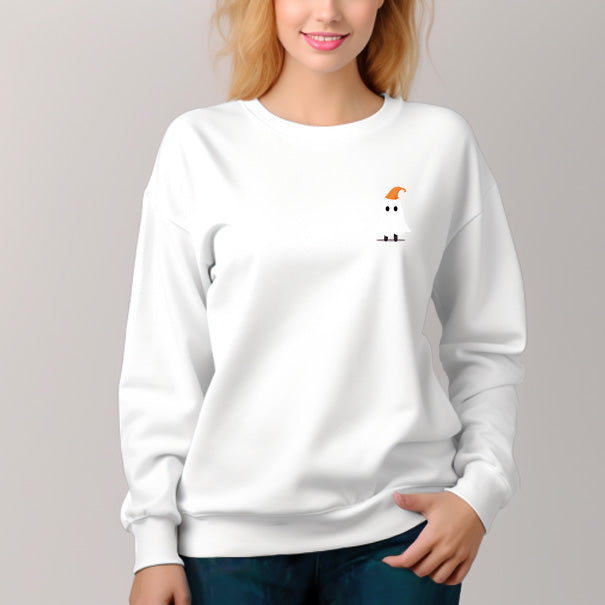 Women's Solid Color Crew Neck Pullover Sweatshirt Little Ghost Pattern - AIGC-DTG