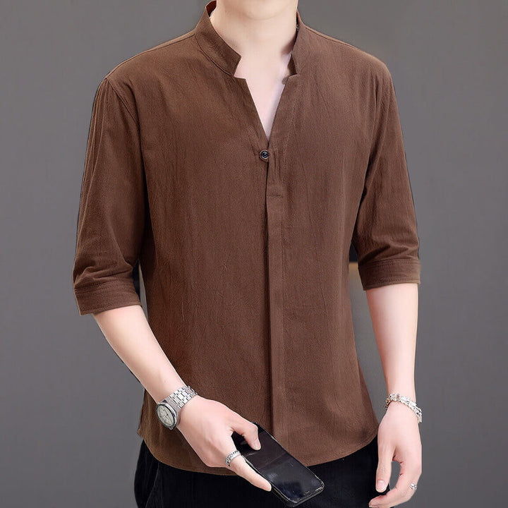 Men's Basic Solid Color Linen Shirt with Stand Collar and Three-Quarter Sleeves - AIGC-DTG
