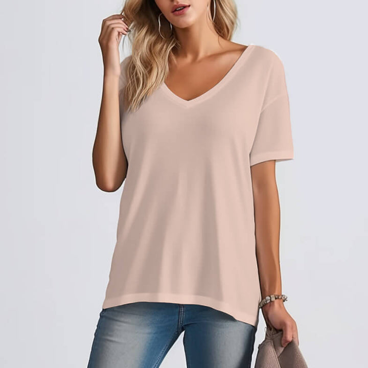 Women's Summer Solid V-Neck Short Sleeve T-Shirt in 16 Colors - AIGC-DTG