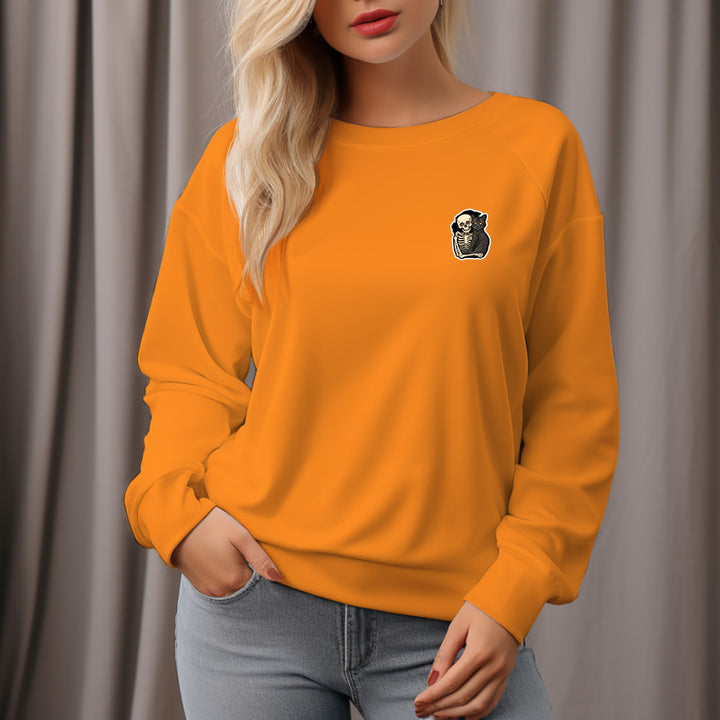 Women's Skull And Cat Pattern Crew Neck Pullover Cozy Clothes Autumn Winter - AIGC-DTG