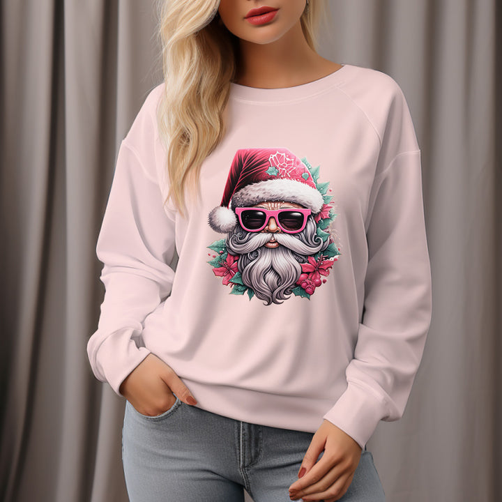 Women's Pink Santa Claus Pattern Crew Neck Pullover Cozy Clothes Autumn Winter - AIGC-DTG