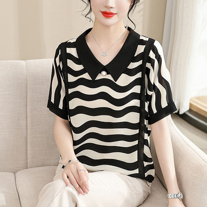 Women's Doll Collar Striped T-shirt - AIGC-DTG