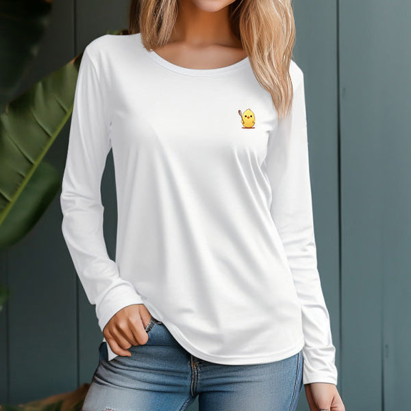 Women's 230g 100% Cotton Round Tie Cartoon Chick Design Long Sleeve T-Shirt - AIGC-DTG