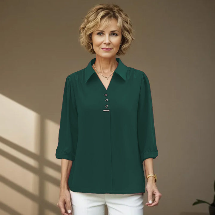 Women's Elegant Polo Collar 3/4 Sleeve Solid Color Shirt - AIGC-DTG