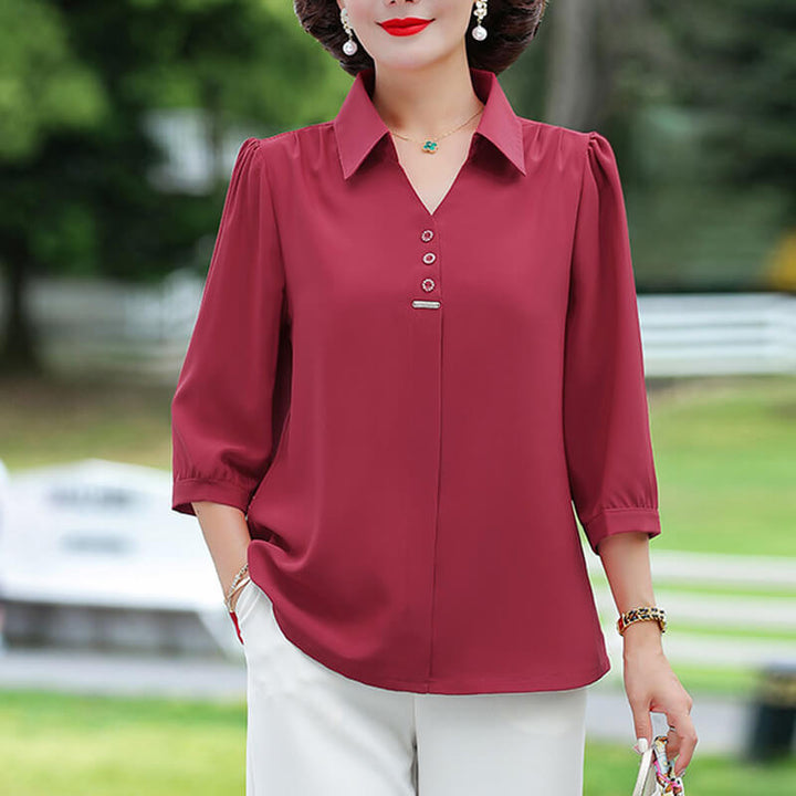 Women's Elegant Polo Collar 3/4 Sleeve Solid Color Shirt - AIGC-DTG