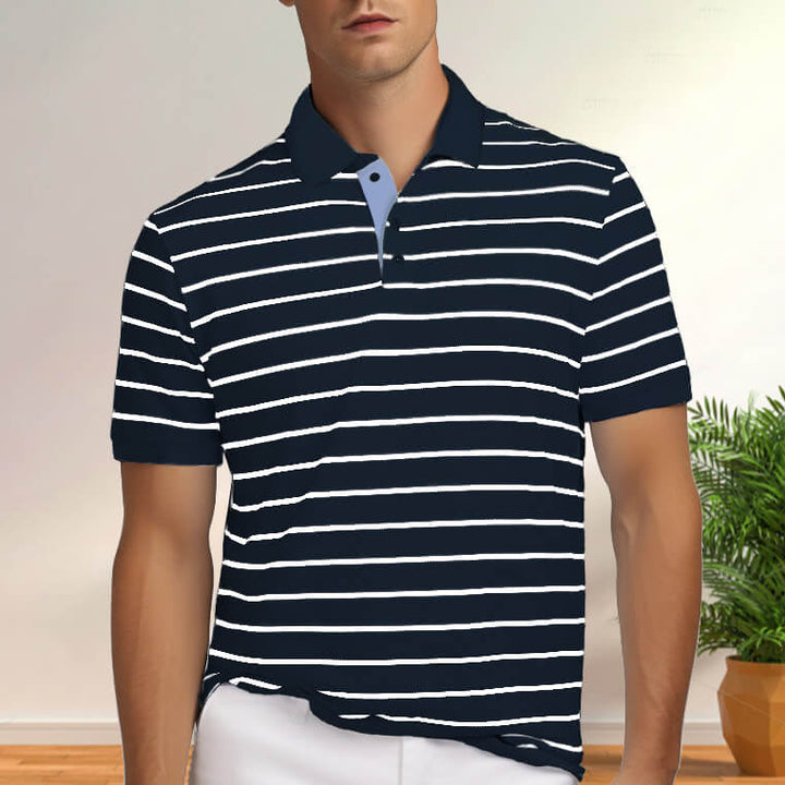 Men's Classic Fit 100% Cotton Soft Short Sleeve Stripe Polo Shirt - AIGC-DTG