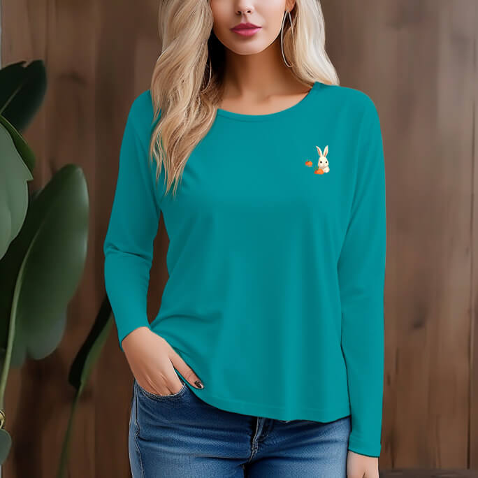 Women's 300g 100% Cotton Rabbit Pattern  Long Sleeve T-Shirt - AIGC-DTG