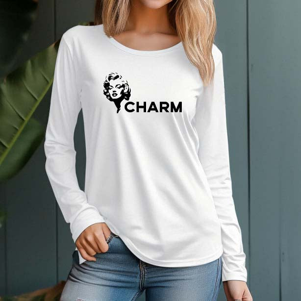 Women's 230g 100% Cotton Round Neck Regular Solid Long Sleeve T-Shirt-CHARM - AIGC-DTG