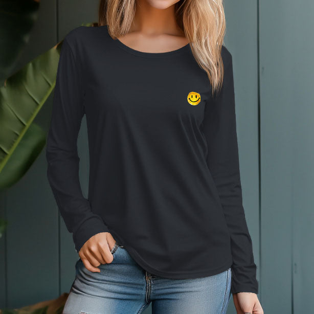 Women's 230g 100% Cotton Round Neck Regular Solid Long Sleeve T-Shirt-Smiley Emoticon Pack - AIGC-DTG