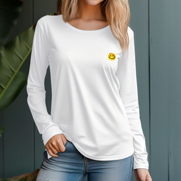 Women's 230g 100% Cotton Round Neck Regular Solid Long Sleeve T-Shirt-Smiley Emoticon Pack - AIGC-DTG