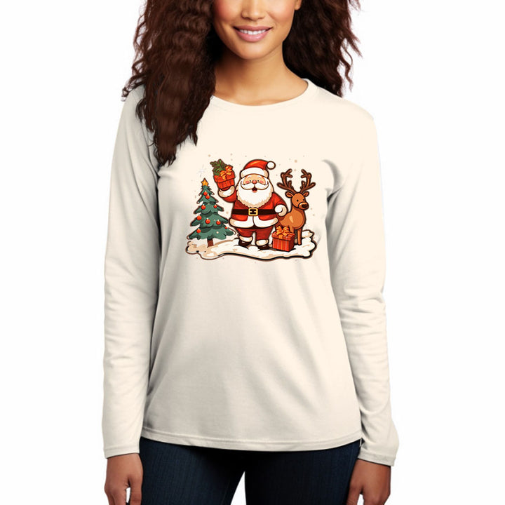 Women's Long Sleeve Cotton Round Neck T-Shirt Santa Claus Gifts Graphic - AIGC-DTG