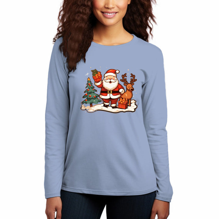 Women's Long Sleeve Cotton Round Neck T-Shirt Santa Claus Gifts Graphic - AIGC-DTG