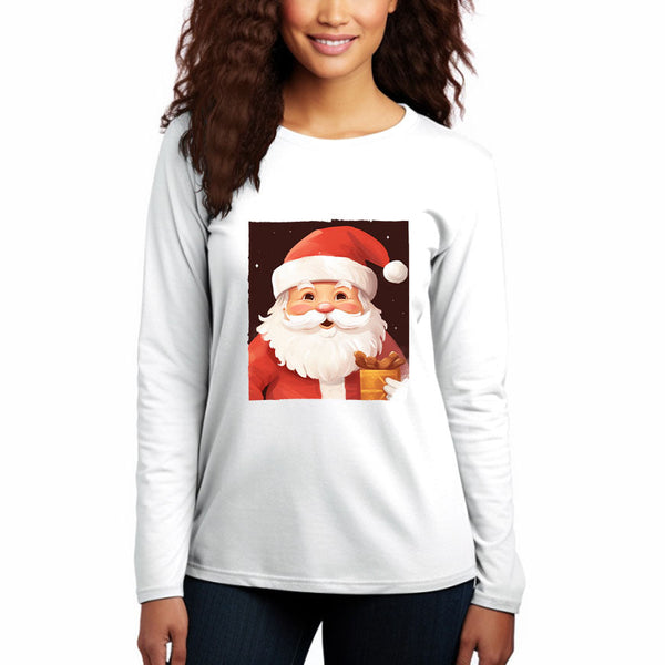 Women's Long Sleeve Cotton Crew Neck Long Sleeve T-Shirt Santa Claus Self Portrait - AIGC-DTG