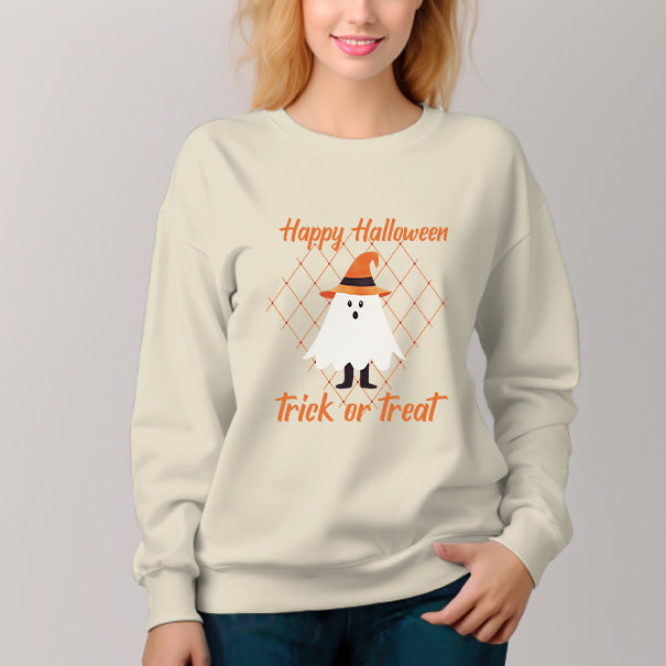 Women's Solid Color Crew Neck Pullover Sweatshirt Happy Halloween Graphic - AIGC-DTG