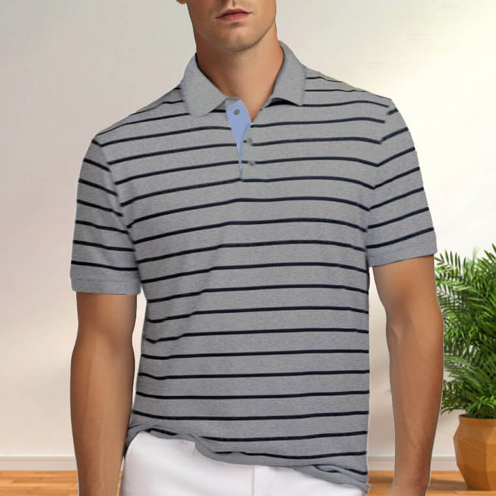 Men's Classic Fit 100% Cotton Soft Short Sleeve Stripe Polo Shirt - AIGC-DTG