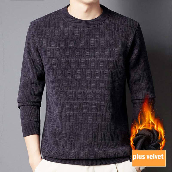 Men's Fleece-lined Round Neck Base Layer Sweater with Jacquard Pattern - AIGC-DTG