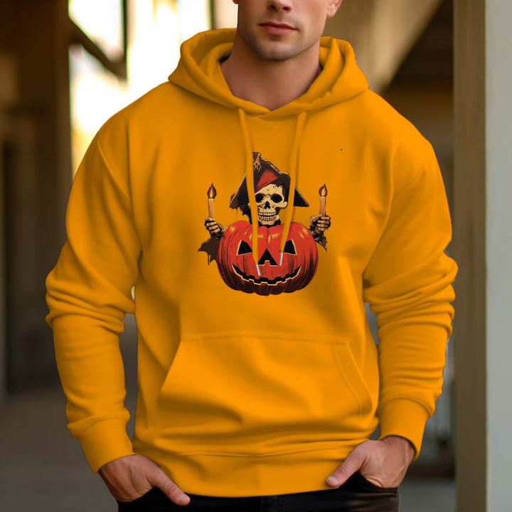 Men's 330g 100% Cotton Pattern Terry Dropped Shoulder Hoodie-Pumpkin Candle Skull - AIGC-DTG