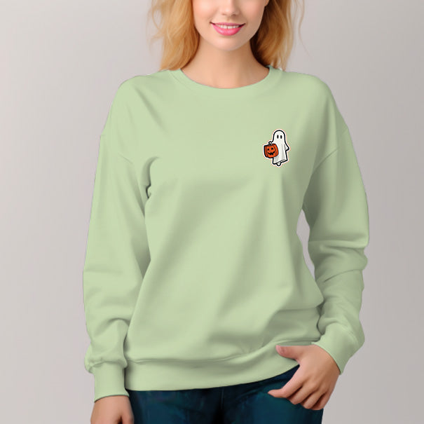 Women's Solid Color Crew Neck Pullover Sweatshirt Halloween Shopping Pattern - AIGC-DTG