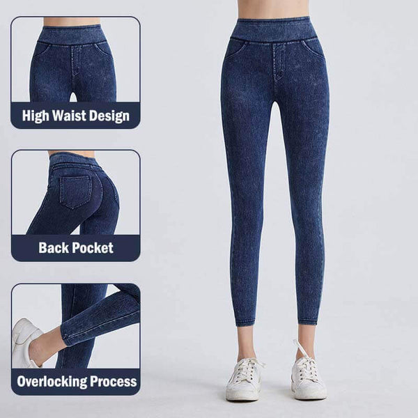 High Waisted Stretch Double Pocket Yoga Casual Pants - Faux Denim Fitness Pants - AIGC-DTG