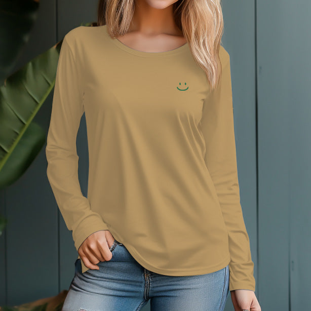 Women's 230g 100% Cotton Smiley Graphic Design Long Sleeve T-Shirt - AIGC-DTG