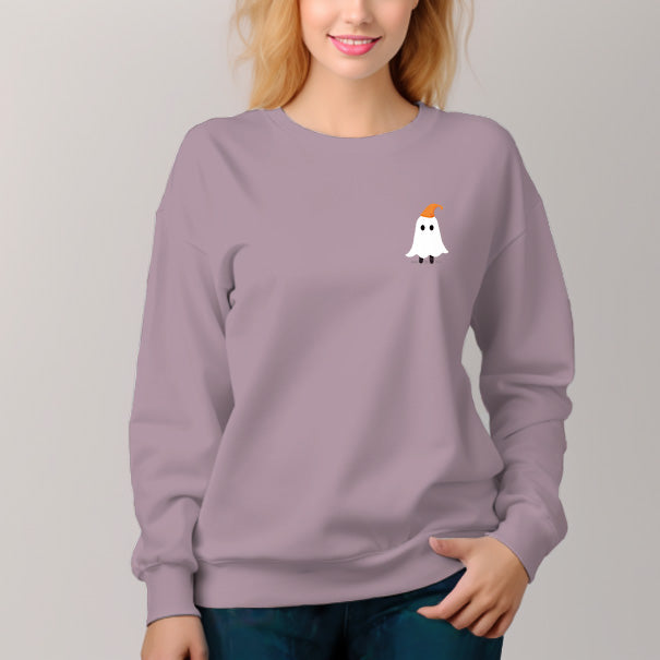 Women's Solid Color Crew Neck Pullover Sweatshirt Little Ghost Pattern - AIGC-DTG