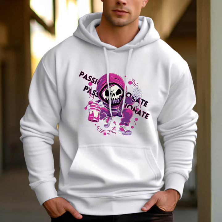 Men's 330g 100% Cotton Spray Skull Pattern Terry Dropped Shoulder Hoodie - AIGC-DTG