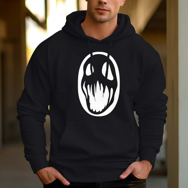 Men's 330g 100% Cotton Pattern Terry Dropped Shoulder Hoodie-Black and White Skull - AIGC-DTG
