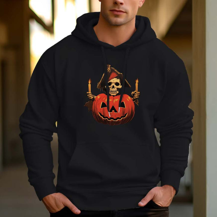 Men's 330g 100% Cotton Pattern Terry Dropped Shoulder Hoodie-Pumpkin Candle Skull - AIGC-DTG