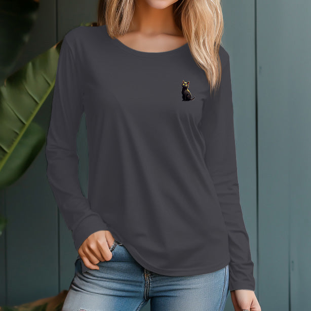 Women's 230g 100% Pet Black Cat Graphic Long Sleeve T-Shirt - AIGC-DTG
