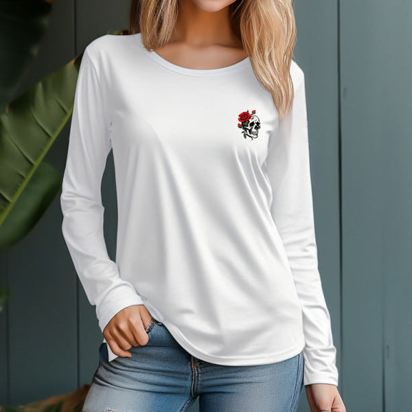 Women's 230g 100% Cotton Flower and Skull Graphic Design Long Sleeve T-Shirt - AIGC-DTG