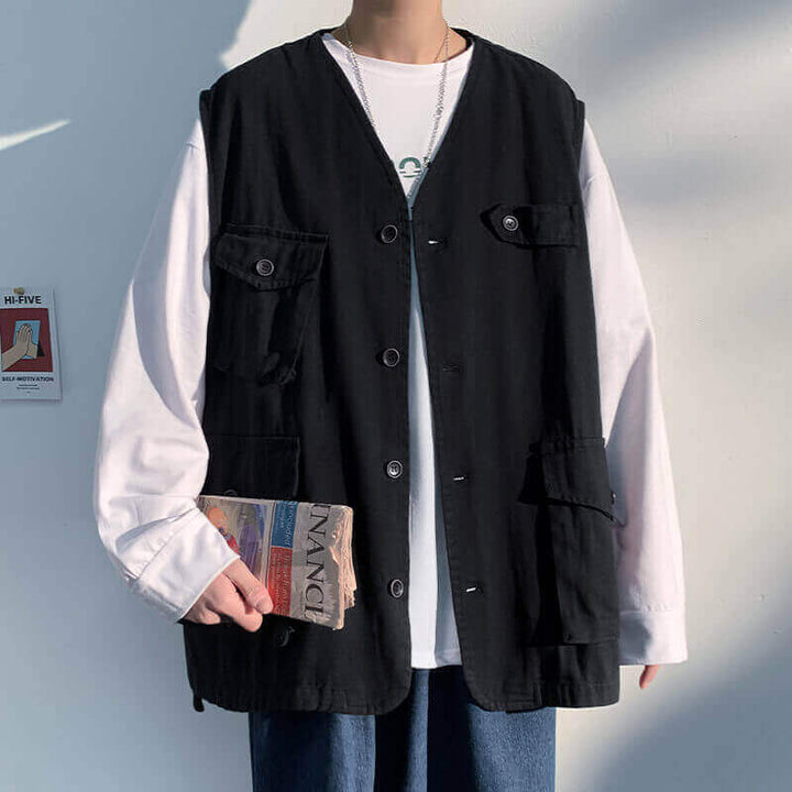 Men's Plus Size Outdoor Utility Vest with Multiple Pockets: Casual Button-Front Jacket - AIGC-DTG
