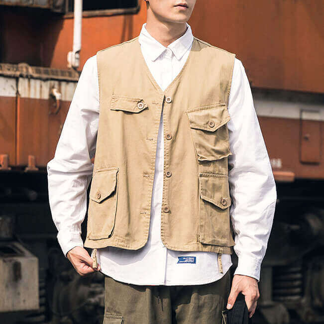Men's Plus Size Outdoor Utility Vest with Multiple Pockets: Casual Button-Front Jacket - AIGC-DTG