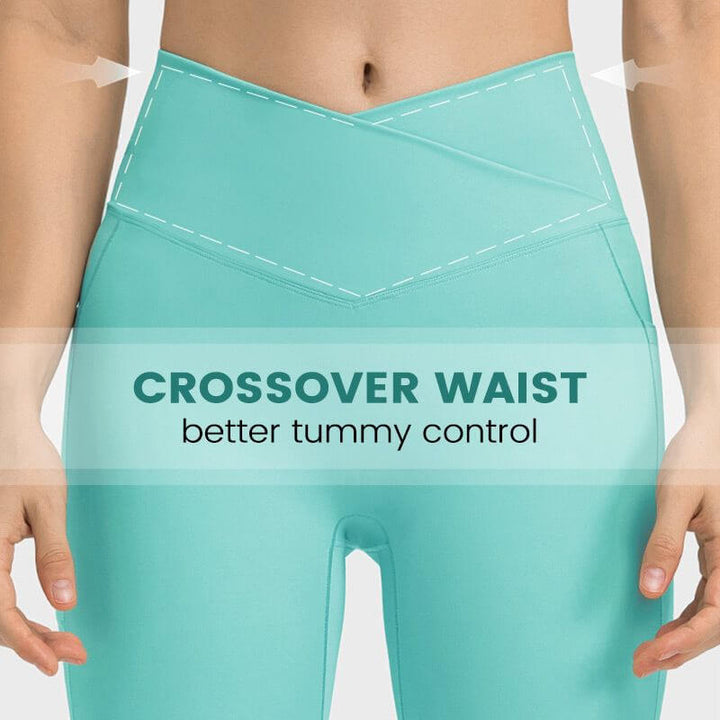Women's Cross Waistband Sports Tights-Double Side Pockets Yoga Pants - AIGC-DTG