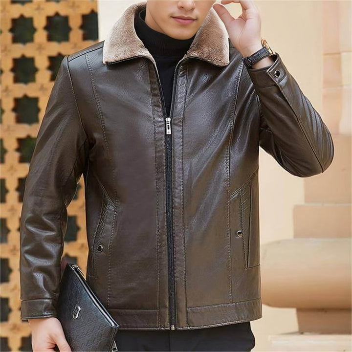 Men's Winter Lapel Fleece Leather Jacket, Up To 250 lbs - AIGC-DTG